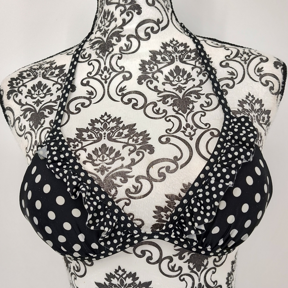 Black and White Ruffled Polka Dot Push Up Bikini Halter Top Size Womans Small
